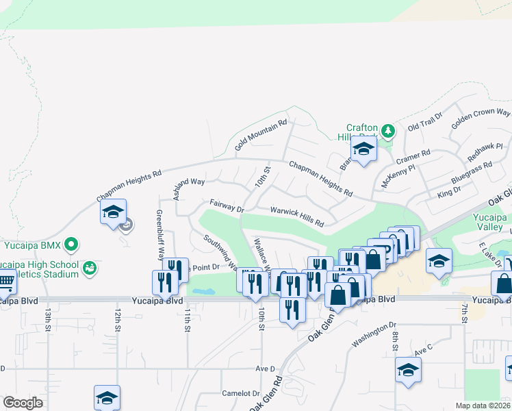 map of restaurants, bars, coffee shops, grocery stores, and more near Fairway Drive & Warwick Hills Road in Yucaipa