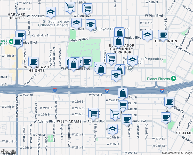 map of restaurants, bars, coffee shops, grocery stores, and more near 1744 West Washington Boulevard in Los Angeles