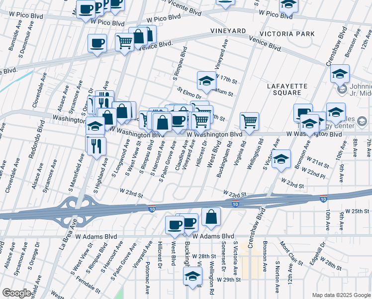 map of restaurants, bars, coffee shops, grocery stores, and more near 1940 Claudina Avenue in Los Angeles