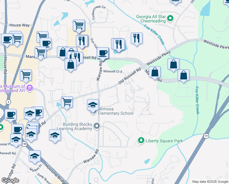 map of restaurants, bars, coffee shops, grocery stores, and more near 31 Creekline Drive in Roswell