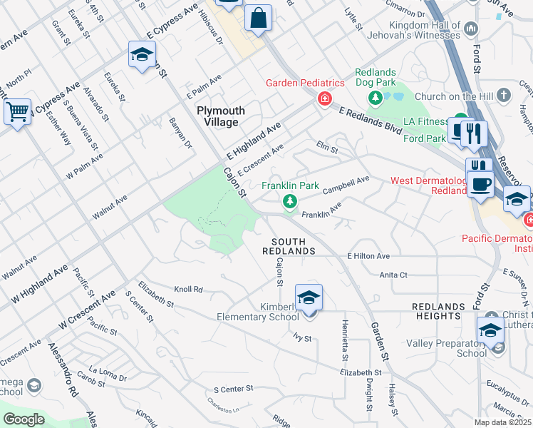 map of restaurants, bars, coffee shops, grocery stores, and more near 0 Garden Street in Redlands