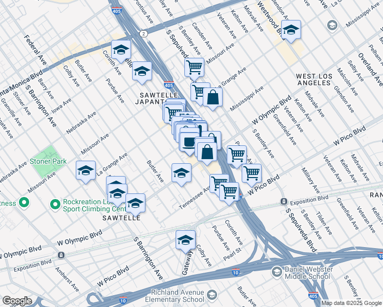 map of restaurants, bars, coffee shops, grocery stores, and more near 101 Sawtelle Boulevard in Los Angeles