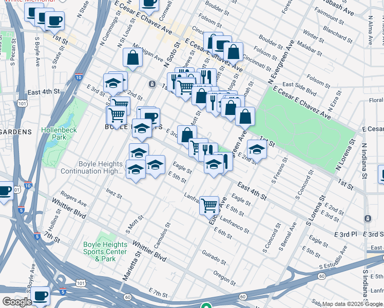 map of restaurants, bars, coffee shops, grocery stores, and more near 2727 East 4th Street in Los Angeles