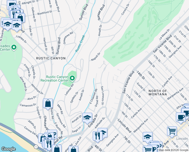 map of restaurants, bars, coffee shops, grocery stores, and more near 659 East Channel Road in Santa Monica