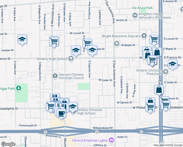 map of restaurants, bars, coffee shops, grocery stores, and more near 1919 South Cypress Avenue in Ontario
