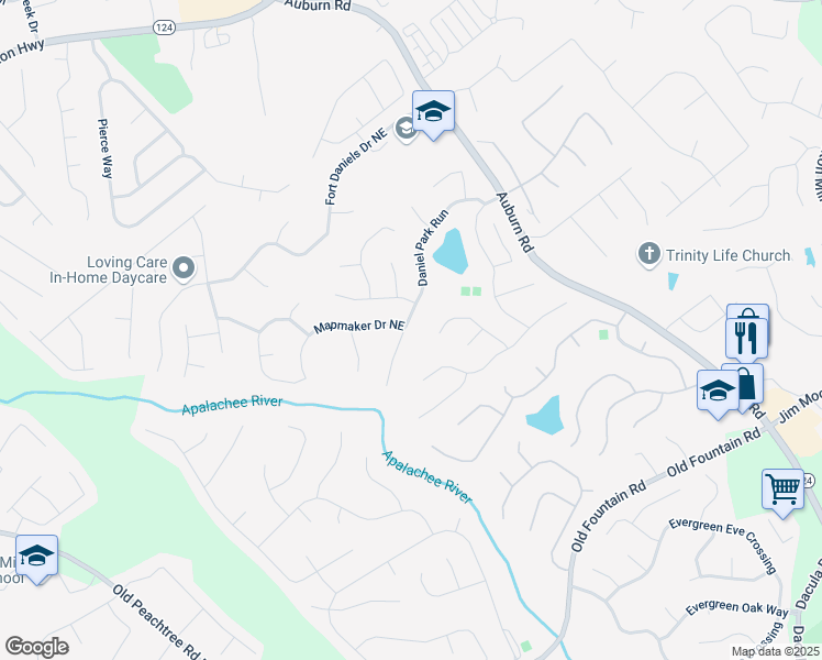 map of restaurants, bars, coffee shops, grocery stores, and more near 2725 Daniel Park Run in Dacula