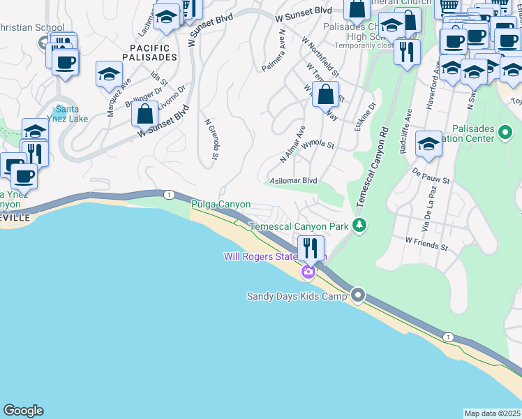 map of restaurants, bars, coffee shops, grocery stores, and more near in Los Angeles