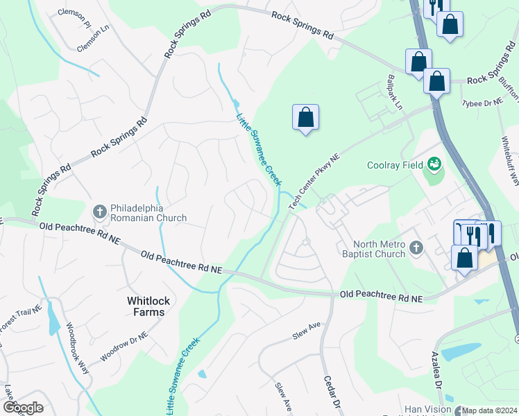 map of restaurants, bars, coffee shops, grocery stores, and more near 2775 Pierce Brennen Court Northeast in Lawrenceville