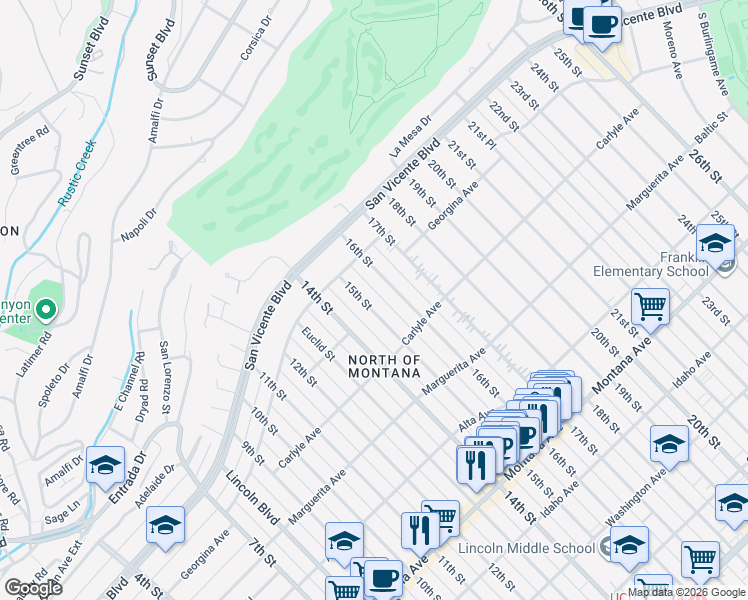 map of restaurants, bars, coffee shops, grocery stores, and more near 253 15th Street in Santa Monica