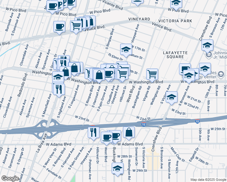 map of restaurants, bars, coffee shops, grocery stores, and more near 1940 Claudina Avenue in Los Angeles