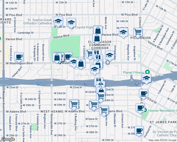 map of restaurants, bars, coffee shops, grocery stores, and more near 1644 West Washington Boulevard in Los Angeles