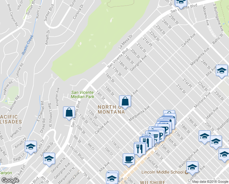 map of restaurants, bars, coffee shops, grocery stores, and more near 253 15th Street in Santa Monica