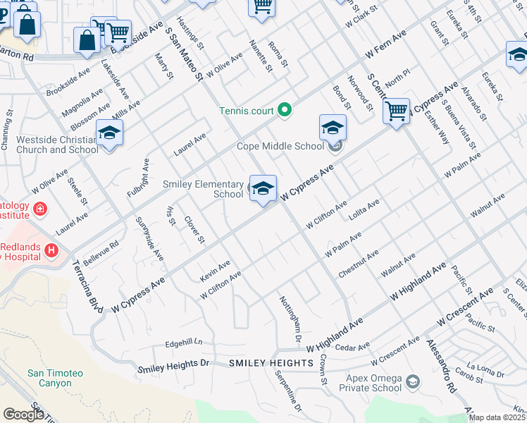 map of restaurants, bars, coffee shops, grocery stores, and more near 1210 West Cypress Avenue in Redlands