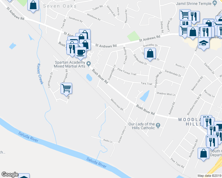 map of restaurants, bars, coffee shops, grocery stores, and more near 3312 Bush River Road in Columbia