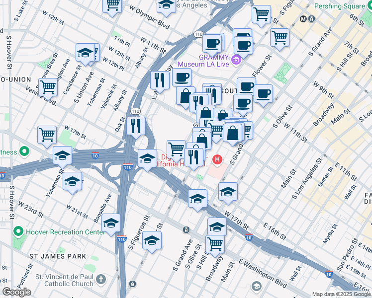 map of restaurants, bars, coffee shops, grocery stores, and more near 1400 South Figueroa Street in Los Angeles