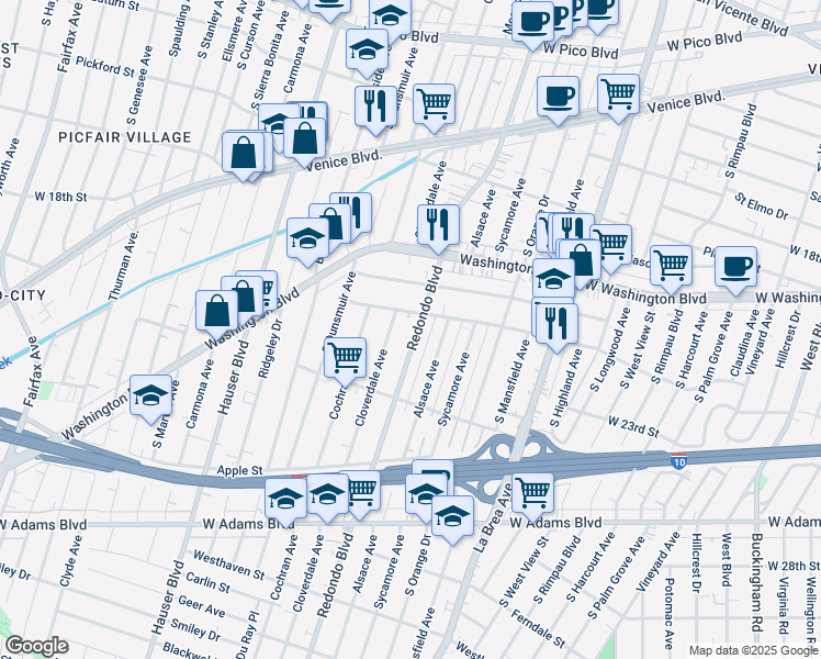 map of restaurants, bars, coffee shops, grocery stores, and more near 5187 West 21st Street in Los Angeles
