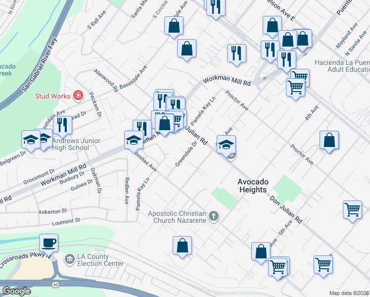 map of restaurants, bars, coffee shops, grocery stores, and more near 13704 Benbrook Drive in La Puente