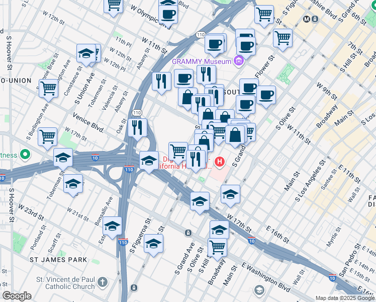 map of restaurants, bars, coffee shops, grocery stores, and more near 1400 South Figueroa Street in Los Angeles
