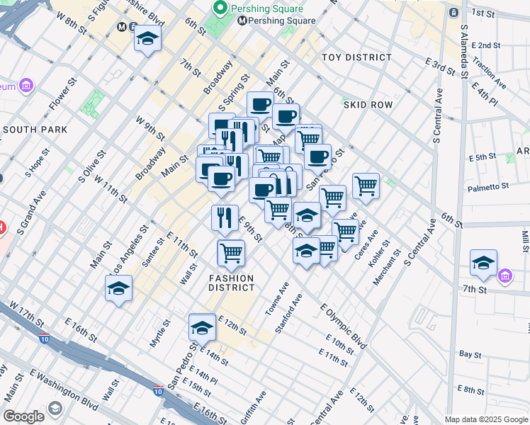 map of restaurants, bars, coffee shops, grocery stores, and more near 828 San Julian Street in Los Angeles