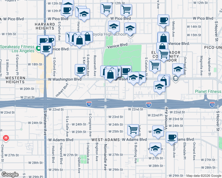 map of restaurants, bars, coffee shops, grocery stores, and more near 1852 West Washington Boulevard in Los Angeles
