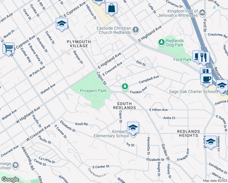map of restaurants, bars, coffee shops, grocery stores, and more near 12 Campbell Avenue in Redlands