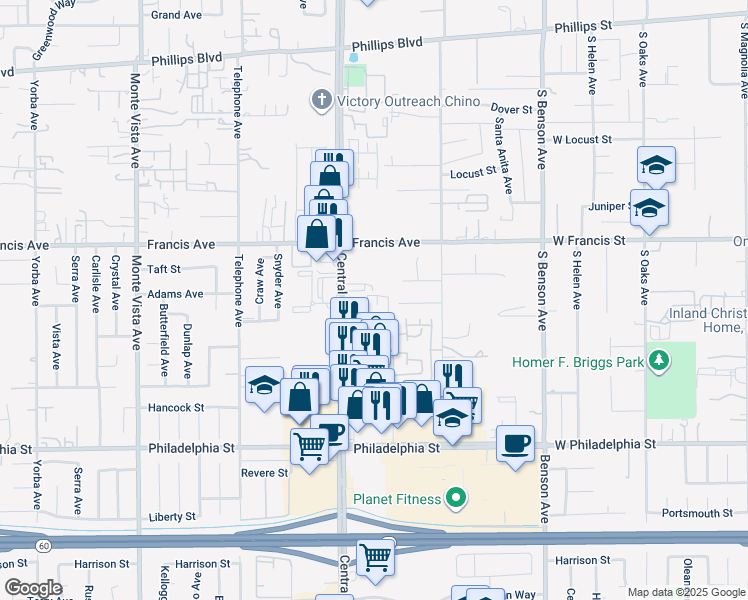map of restaurants, bars, coffee shops, grocery stores, and more near 11791 Central Avenue in Chino