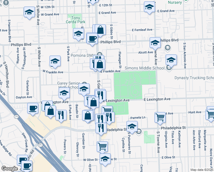 map of restaurants, bars, coffee shops, grocery stores, and more near 138 Greenhedge Lane in Pomona