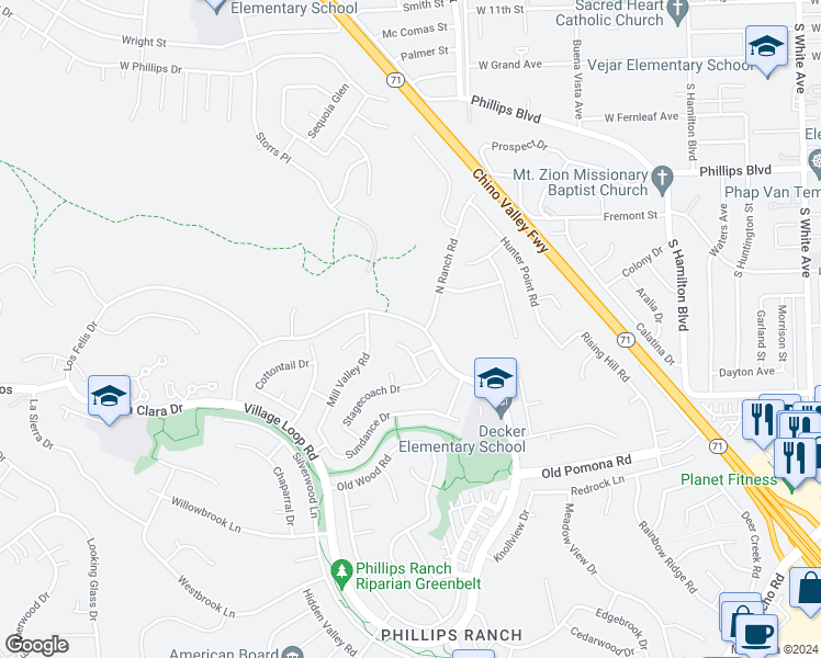 map of restaurants, bars, coffee shops, grocery stores, and more near 35 Village Loop Road in Pomona