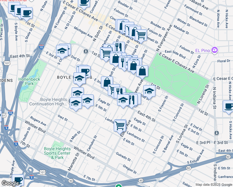 map of restaurants, bars, coffee shops, grocery stores, and more near 2801 East 3rd Street in Los Angeles