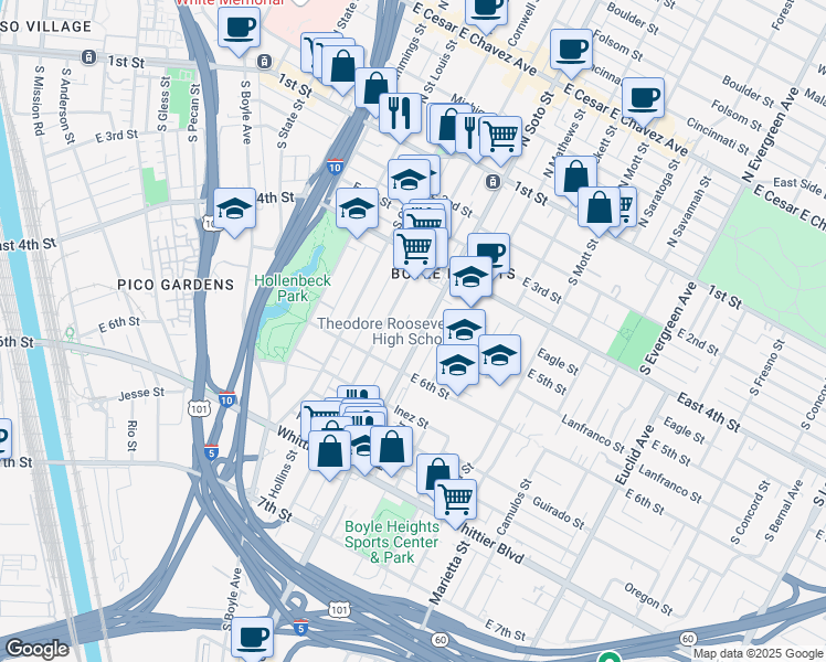 map of restaurants, bars, coffee shops, grocery stores, and more near 452 South Breed Street in Los Angeles