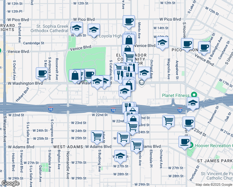 map of restaurants, bars, coffee shops, grocery stores, and more near 1644 West Washington Boulevard in Los Angeles