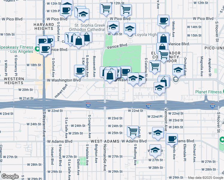 map of restaurants, bars, coffee shops, grocery stores, and more near 1852 West Washington Boulevard in Los Angeles