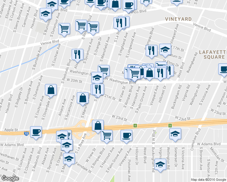 map of restaurants, bars, coffee shops, grocery stores, and more near 1900 South Longwood Avenue in Los Angeles