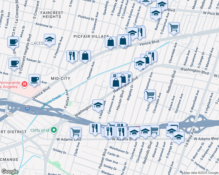 map of restaurants, bars, coffee shops, grocery stores, and more near 1921 Carmona Avenue in Los Angeles
