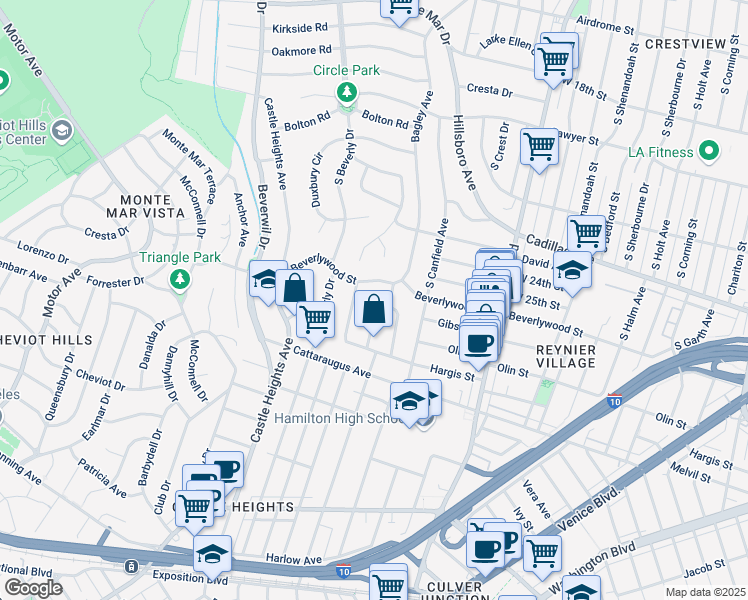 map of restaurants, bars, coffee shops, grocery stores, and more near 9423 Beverlywood Street in Los Angeles