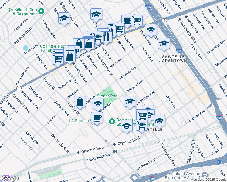 map of restaurants, bars, coffee shops, grocery stores, and more near 11728 Nebraska Avenue in Los Angeles