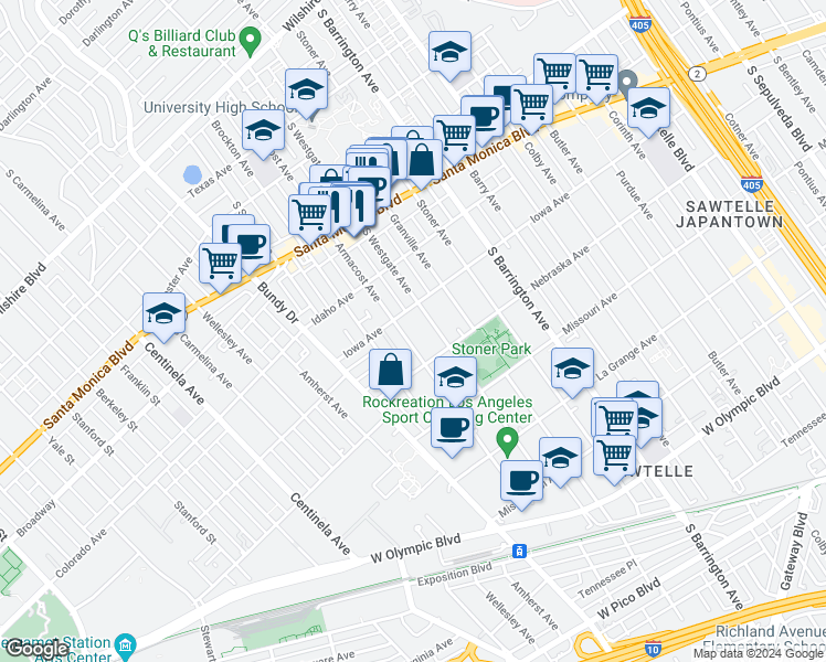 map of restaurants, bars, coffee shops, grocery stores, and more near 1714 South Westgate Avenue in Los Angeles
