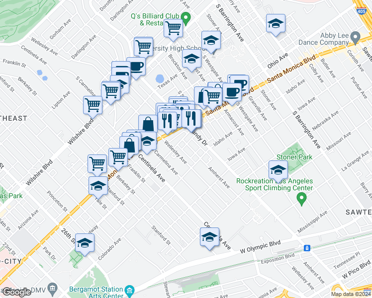 map of restaurants, bars, coffee shops, grocery stores, and more near 12203 West Ohio Avenue in Los Angeles