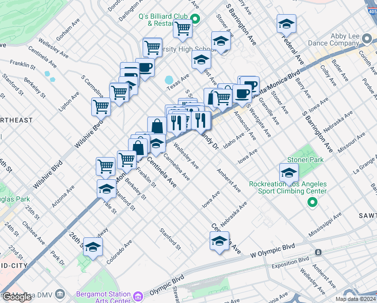 map of restaurants, bars, coffee shops, grocery stores, and more near 12203 West Ohio Avenue in Los Angeles
