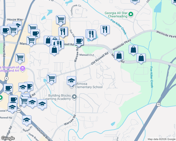 map of restaurants, bars, coffee shops, grocery stores, and more near 1138 Old Roswell Road in Roswell