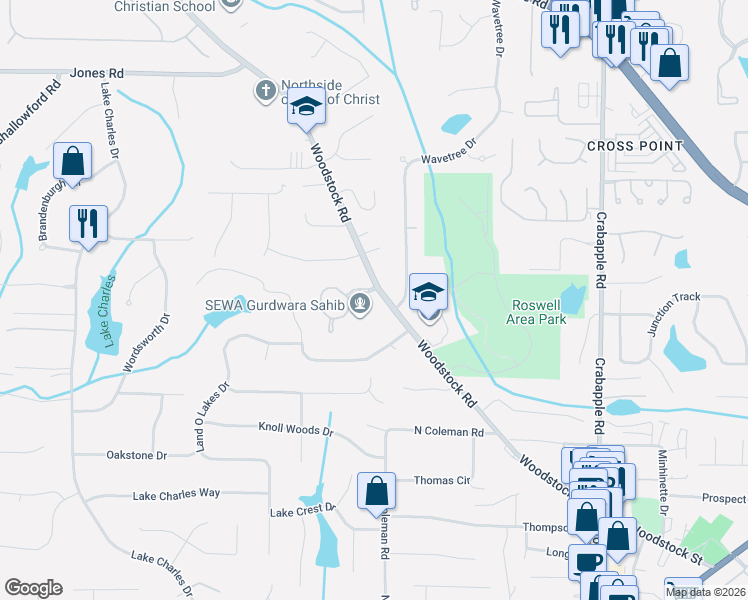 map of restaurants, bars, coffee shops, grocery stores, and more near 105 Wingfield Boulevard in Roswell