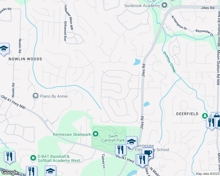 map of restaurants, bars, coffee shops, grocery stores, and more near 2880 Cressington Bend Northwest in Kennesaw