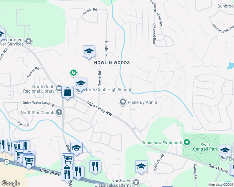 map of restaurants, bars, coffee shops, grocery stores, and more near 3422 Ravensworth Trace Northwest in Kennesaw