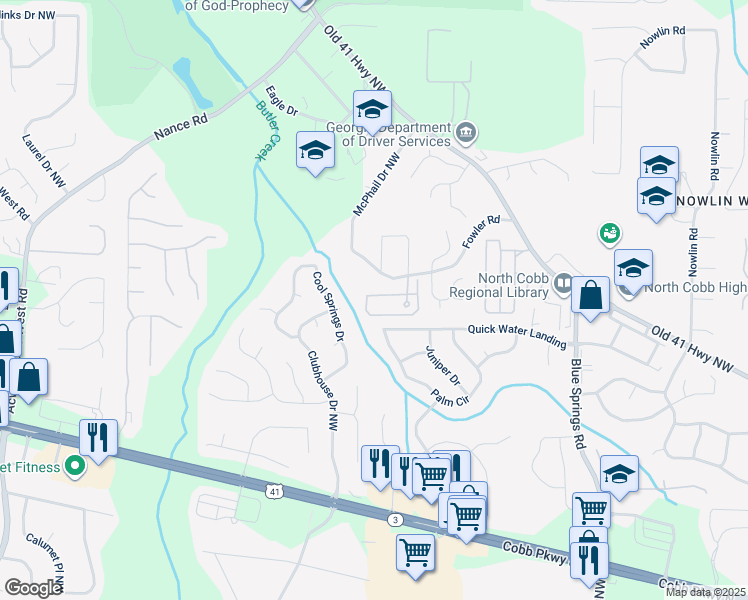 map of restaurants, bars, coffee shops, grocery stores, and more near 3550 McPhail Drive Northwest in Kennesaw