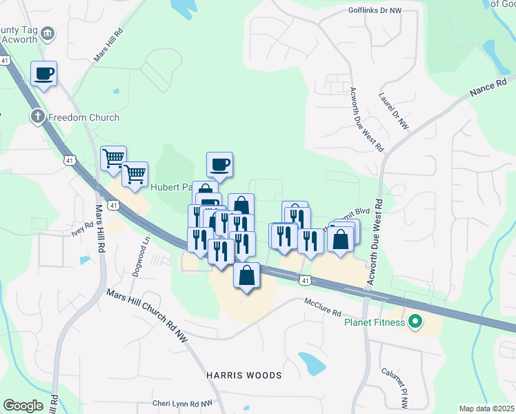 map of restaurants, bars, coffee shops, grocery stores, and more near 3378 Cobb Pkwy in Atlanta