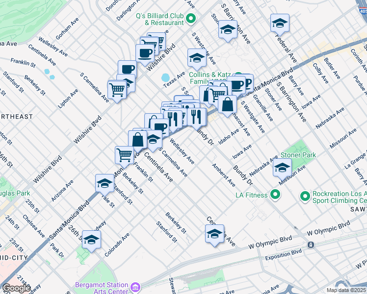 map of restaurants, bars, coffee shops, grocery stores, and more near 1502 Wellesley Avenue in Los Angeles