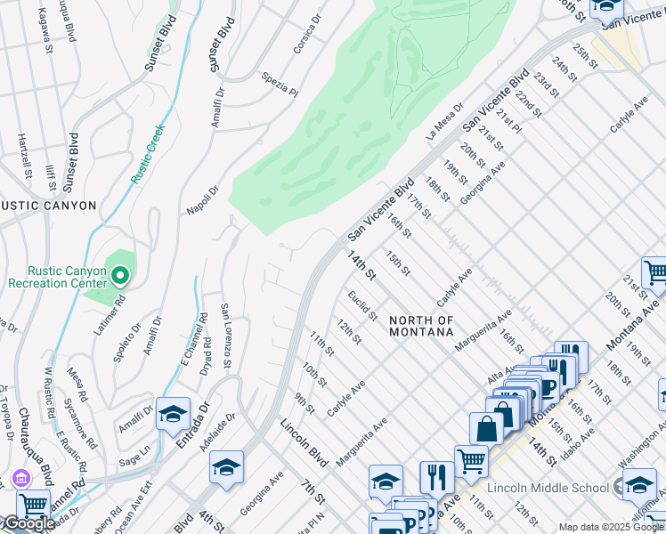 map of restaurants, bars, coffee shops, grocery stores, and more near 1308 San Vicente Boulevard in Santa Monica