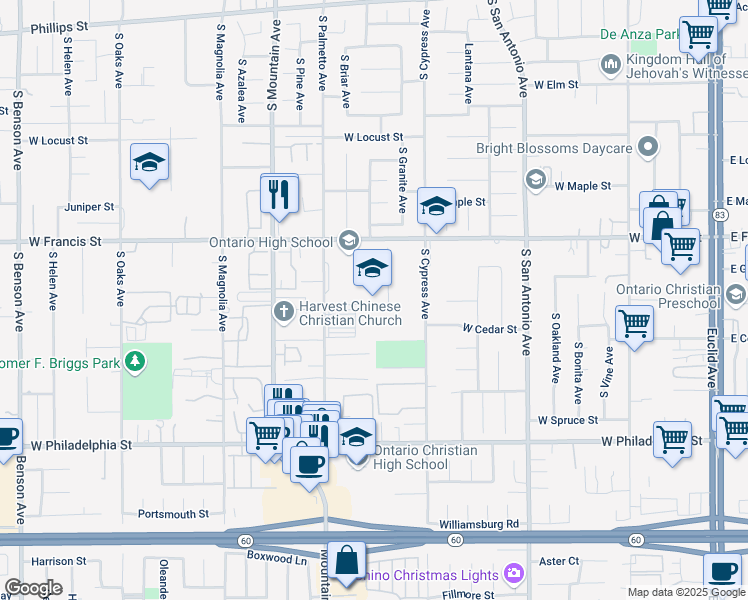 map of restaurants, bars, coffee shops, grocery stores, and more near 901 West Francis Street in Ontario