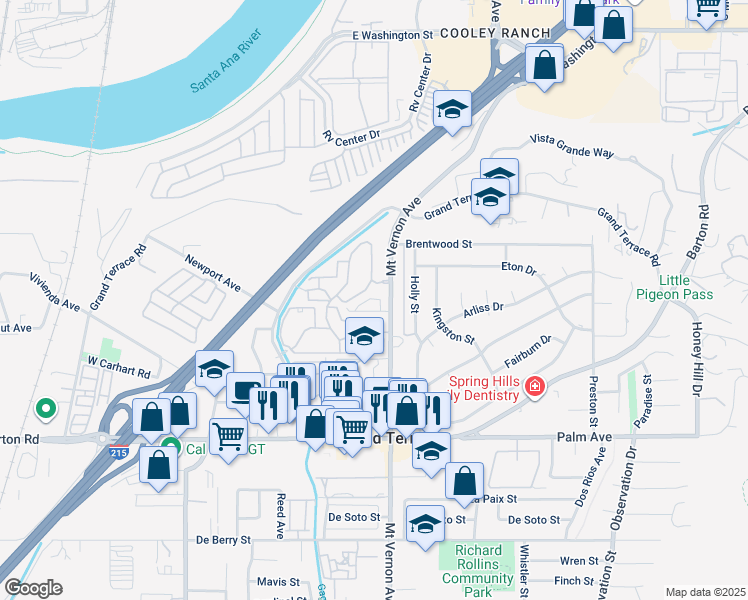 map of restaurants, bars, coffee shops, grocery stores, and more near 11830 Mount Vernon Avenue in Grand Terrace