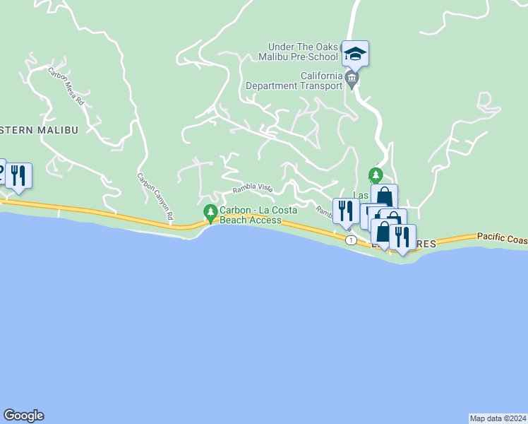 map of restaurants, bars, coffee shops, grocery stores, and more near 21555 Pacific Coast Highway in Malibu
